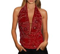 Geagodelia Women's Sexy Halter Neck Vest Top Summer Floral Backless Sequin Cami Tank Top Ladies Camisole Crop Top Y2K Aesthetic Clothes Going Out Tops Outfit UK (B - Red, M)