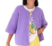 Geagodelia Women's Short Sleeve Cropped Cardigan Thin Ladies Sweater Jumper Knitted Jacket Y2K Button Down Crochet Top Pullover Streetwear Spring Summer (A - Purple, XL)