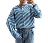 Geagodelia Women's Striped Knitted Cardigan Thin Ladies Long Sleeve Cropped Jumper Sweater Jacket Spring Autumn Button Down Crochet Pullover Top