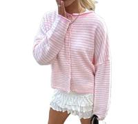 Geagodelia Women's Striped Knitted Cardigan Thin Ladies Long Sleeve Cropped Jumper Sweater Jacket Spring Autumn Button Down Crochet Pullover Top