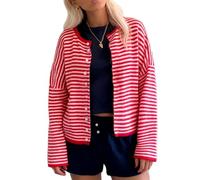 Geagodelia Women's Striped Knitted Cardigan Thin Ladies Long Sleeve Cropped Jumper Sweater Jacket Spring Autumn Button Down Crochet Pullover Top (Red, M)
