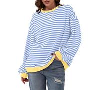 Geagodelia Women's Sweatshirt Oversized Striped Pullover Jumper Ladies Vintage Crew Neck Long Sleeve Tops Y2K Aesthetic Clothes Outfit UK (Light Blue, XL)