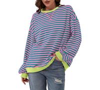 Geagodelia Women's Sweatshirt Oversized Striped Pullover Jumper Ladies Vintage Crew Neck Long Sleeve Tops Y2K Aesthetic Clothes Outfit UK (Pink & Green, M)