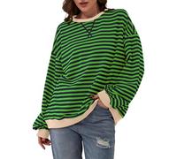 Geagodelia Women's Sweatshirt Oversized Striped Pullover Jumper Ladies Vintage Crew Neck Long Sleeve Tops Y2K Aesthetic Clothes Outfit UK (Green, M)