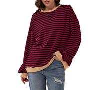 Geagodelia Women's Sweatshirt Oversized Striped Pullover Jumper Ladies Vintage Crew Neck Long Sleeve Tops Y2K Aesthetic Clothes Outfit UK (Wine, L)