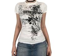 Geagodelia Women's T-Shirt Gothic Baby Tee Crop Top Ladies Short Sleeve Graphic Tshirt Summer Outfit Y2K Aesthetic Grunge Clothes Streetwear (D - White, M)