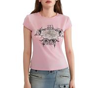 Geagodelia Women's T-Shirt Gothic Baby Tee Crop Top Ladies Short Sleeve Graphic Tshirt Summer Outfit Y2K Aesthetic Grunge Clothes Streetwear (A - Pink, S)