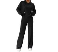 Geagodelia Women's Two Piece Ribbed Lounge Wear Set Ladies Loungewear Knit Co Ord Set Top + Trousers Y2k Aesthetic Clothes Tracksuit Outfit UK (B - Black, L)