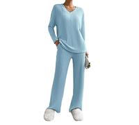 Geagodelia Women's Two Piece Ribbed Lounge Wear Set Ladies Loungewear Knit Co Ord Set Top + Trousers Y2k Aesthetic Clothes Tracksuit Outfit UK (A - Blue, L)