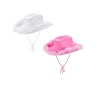 Geagodelia Women's White&Pink Felt Cowboy Hat with Fluffy Feather Trim, Sparkly Tiara & Sequins, One Size, Perfect for Halloween, Fancy Dress, Music Festival & Birthday Party