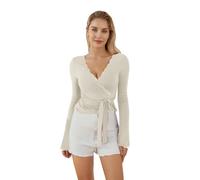 Geagodelia Women's Wrap Top for Ballet Yoga Pilates Ladies Long Sleeve Tie Front Tops Workout T-Shirt Y2K Aesthetic Clothes Summer Outfit Blouse Streetwear (B - White, M)