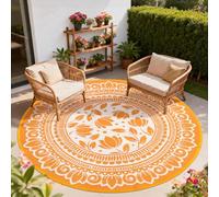 GEANUP Round Outdoor Rug 180cm, Boho Waterproof Circle Garden Rugs, UV Resistant, Reversible Outside Plastic Straw Patio Mat Carpet for Balcony Deck Backyard Poolside RV Beach BBQ Orange Floral