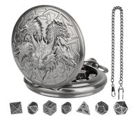 GEAoffice DND Dice Set with Vintage Dragon Pocket Watch Case, Solid Metal Tiny Dice for Tabletop Role Playing Games, Fantasy RPG Gaming & Math Games, Unique DND Gift for Men/Women