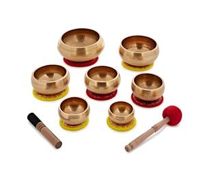 Gear4music Life Seven Piece Hammered Brass Singing Bowl Set | Part of Gear4music's Tree Planting Initiative, Seven Bowls 8-17.5cm Handmade in Nepal, Full Range of Pitches, Rod and Mallet