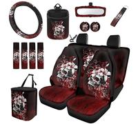 gearider Gothic Skull Car Seat Covers Car Accessories Full Set with Steering Wheel Cover Seat Belt Pads Trash Bin Flower Sunglasses Pocket Rear View Mirror Protector Coasters Key Chain, Black Red