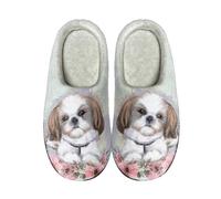 gearider Womens Leopard Print Indoor Slippers Warm Cozy Fuzzy Universal Fit for Home Bedroom Kitchen, White Shih Tzu Dog Flower, 38.5/39.5 EU Ancho