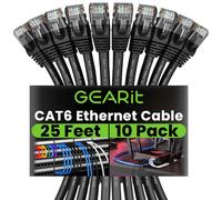 GearIT 10 Pack, Cat 6 Ethernet Cable Cat6 Snagless Patch 25 Feet - Computer LAN Network Cord, Black - Compatible with 10 Port Switch POE 10port Gigabit