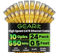 GearIT 24-Pack, Cat 6 Ethernet Cable Cat6 Snagless Patch 0.5 Feet - Snagless RJ45 Computer LAN Network Cord, Yellow - Compatible with 24 48 Port Switch POE Rackmount 24port Gigabit