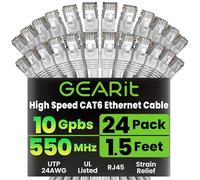 GearIT 24-Pack, Cat 6 Ethernet Cable Cat6 Snagless Patch 1.5 Feet - Snagless RJ45 Computer LAN Network Cord, White - Compatible with 24 48 Port Switch POE Rackmount 24port Gigabit