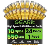 GearIT 24-Pack, Cat 6 Ethernet Cable Cat6 Snagless Patch 1 Foot - Snagless RJ45 Computer LAN Network Cord, Yellow - Compatible with 24 48 Port Switch POE Rackmount 24port Gigabit