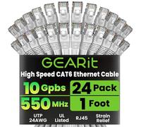 GearIT 24-Pack, Cat 6 Ethernet Cable Cat6 Snagless Patch 1 Foot - Snagless RJ45 Computer LAN Network Cord, White - Compatible with 24 48 Port Switch POE Rackmount 24port Gigabit