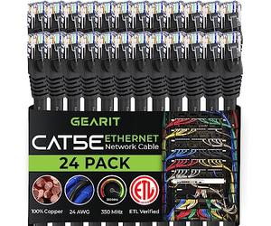 GearIT 24-Pack, Cat5e Ethernet Patch Cable 1 Foot - Snagless RJ45 Computer LAN Network Cord, Black