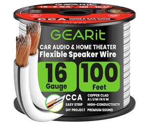 GEARit 2x1.5mm² Speaker Cable 30.48m / 100ft, 16 Gauge Speaker Wire with Polarity Markings, Copper Clad Aluminum CCA Audio Cable for In-Wall Home Cinema, Car Audio Stereo, HiFi Surround Sound(White)