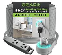 GEARit 360° Rotating Flat Plug Extension Cord with 3 Outlets 1.5M Grey 16AWG/13A 3 Pin Cable Power Output for Home Office Bedroom Essential Room
