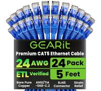 GearIT 50-Pack, CAT5E Ethernet Connection Cable 1.5 Feet - 5E RJ45 LAN Network Cable for Computer, Blue - Compatible with Switch 48 Port PoE Gigabit Rack Mount 5 Feet (24-Pack) blue