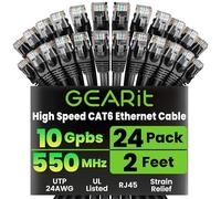 GEARit Cat 6 Ethernet Cable (24-Pack 2 Feet) Cat6 Network Patch, 10Gbps, RJ45, Snagless Cord, Gold-Plated Connectors, Internet for PC, TV, Tablet, Router, Printer, Servers, IT Data Center - Black