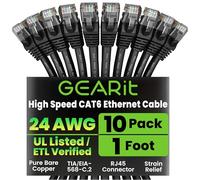 GEARit Cat 6 Ethernet Cable - High-Speed LAN Cord for Gaming and Personal Computers - Cat6 Patch Cable with RJ45 Connectors, 1 ft, Black (10-Pack)