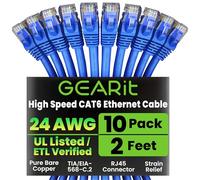 GEARit Cat 6 Ethernet Cable Pack - 10-Pack 2 ft Cat6 Ethernet Patch Cables | RJ45 Network Patch Cable, 10 Gbps Snagless Gold-Plated Connectors - Ethernet Cable Cat 6 for PC, TV, Router - Blue