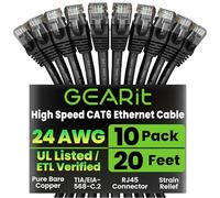 GEARit Cat 6 Ethernet Cable Pack - 10-Pack 20 ft Cat6 Ethernet Patch Cables | RJ45 Network Patch Cable, 10 Gbps Snagless Gold-Plated Connectors - Ethernet Cable Cat 6 for PC, TV, Router - Black