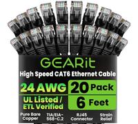 GEARit Cat 6 Ethernet Cable Pack - 20-Pack 6 ft Cat6 Ethernet Patch Cables | RJ45 Network Patch Cable, 10 Gbps Snagless Gold-Plated Connectors - Ethernet Cable Cat 6 for PC, TV, Router - Black