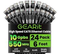 GEARit Cat 6 Ethernet Cable Pack - 24-Pack 6 ft Cat6 Ethernet Patch Cables | RJ45 Network Patch Cable, 10 Gbps Snagless Gold-Plated Connectors - Ethernet Cable Cat 6 for PC, TV, Router - Black