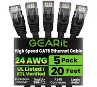 GEARit Cat 6 Ethernet Cable Pack - 5-Pack 20 ft Cat6 Ethernet Patch Cables | RJ45 Network Patch Cable, 10 Gbps Snagless Gold-Plated Connectors - Ethernet Cable Cat 6 for PC, TV, Router - Black