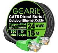 GEARit Cat6 Outdoor Ethernet Cable (15 Meters) CCA Copper Clad, Waterproof, Direct Burial, In-Ground, UV Jacket, POE, Network, Internet, Cat 6, Cat6 Cable - 15m