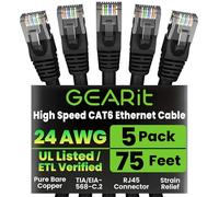 GEARit Cat6 Patch Cables 75 ft Black (5 Pack) Cat 6 Patch Cables 75ft Black/Ethernet Patch Cable, 10Gbps 550MHz 24AWG Pure Copper, Snagless, Gold Plated RJ45 for Router, Server, Router, PC
