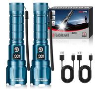 GEARLITE LED Rechargeable Torch, 3 Light Modes, 6000 L, Super Bright Zoomable Torches with LCD Battery Display, IP65 Waterproof & XHP70.2 Tactical Torch for Camping, Fishing, Emergencies (2, Blue)