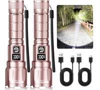 GEARLITE LED Torch Rechargeable, 3 Light Modes, 6000 L, Super Bright Zoomable Torches with LCD Battery Display, IP65 Waterproof & XHP70.2 Tactical Torch for Camping, Fishing, Emergencies (2, Pink)