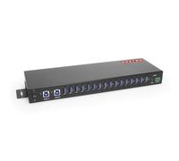 Gearmo 16-Port Rack Mount USB Hub - Powered USB 3.0 Type A Ports, Dual Upstream Ports, 5Gbps Speed, ESD Surge Protection, 1U Rack Industrial USB Hub