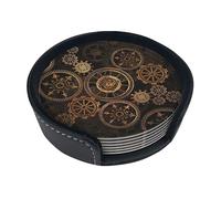 Gears Clock Bronze Century Coasters For Drinks, 6 Pcs Leather Coaster With Holder, Round Cup Mat Pad Set For Home And Kitchen 3.9 Inches