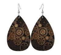 Gears Clock Bronze Century Piercing Teardrop Earrings Set, Fashion Leather Earrings Dangle Hoop For Women Birthday Party Jewelry Gift
