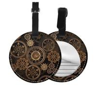 Gears Clock Bronze Century Print Luggage Tag Round Leather Luggage Tag Easy Identification & Privacy Protection for Suitcases Easy to Identify Privacy Cover Id Label
