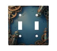 Gears Double Light Switch Cover Plate, Steampunk Nautical Lighthouse Map Adventure Blue Plastic Standard Size Decorative Wall Plates for Home Living Room New Apartment Decor