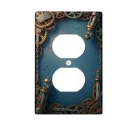 Gears Duplex Outlet Covers Wall Plate, Steampunk Nautical Lighthouse Map Adventure Blue Plastic Standard Size Double Power Outlet Cover Plate for Home Living Room Bedroom Bathroom Decor