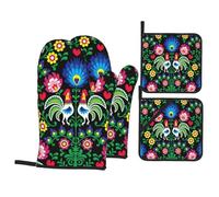 Gearsly Oven Mitts and Pot Holders Set of 4,Polish Folk Art Floral Rooster Oven Gloves Heat Resistant Pads Non-Slip Waterproof for Kitchen Baking Cooking Grilling