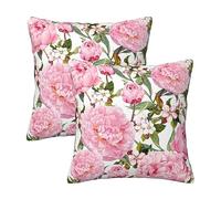 Gearsly Set Of 2 Cushion Covers 20x20 Inch,Peony Sakura Watercolor Floral Pillow Cases,Square Outdoor Decorative Thorw Pillow Covers,Sofa Pillowcases For Living Room Office Car Home Decor