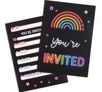 GEBETTER 20 pcs Party Invitations Neon Rainbow Invitation Rectangular Invites Neon Party Favors Party Invites for Kids Birthday Party Game Party Festival Party Invitations