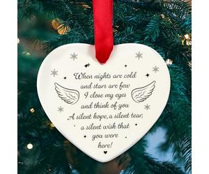 GEBETTER Christmas Memorial Baubles Ornaments Ceramic Heart Plaque When Nights Are Cold Christmas Tree Hanging Bauble Ornament Christmas Memorial Gifts Christmas Tree Hanging Decor